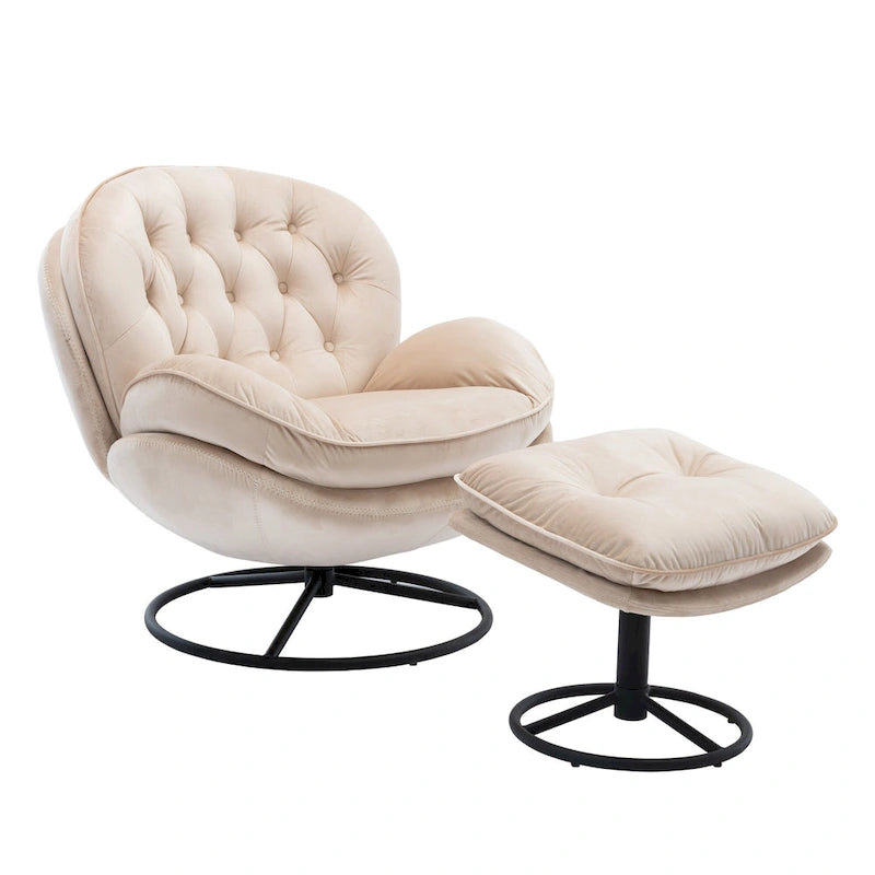 31.7" Swivel Accent Chair with Ottoman - Velvet Upholstered, Metal Frame, 250 lbs Capacity - Modern Medieval Style Beige