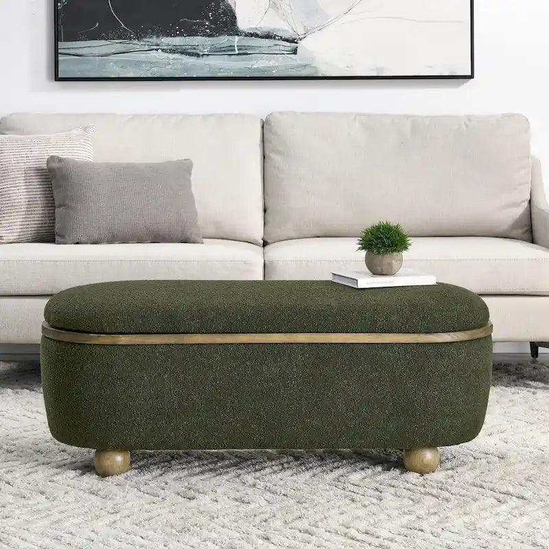 Upholstered Storage Ottoman Bench - 43.31"L Loop Yarn, Solid Wood Legs - End of Bed Footrest with Storage - Dark Green