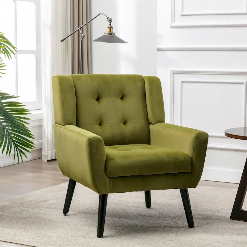 Green Velvet Upholstered Accent Chair 29.5" with Curved Back & Black Wood Legs - 250 lbs Capacity