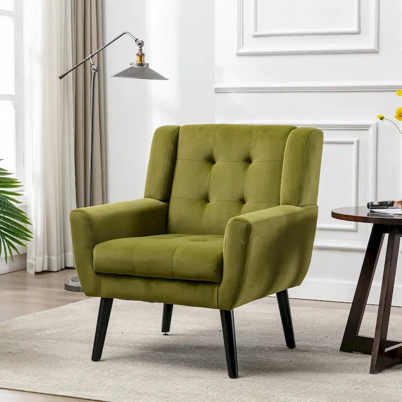 Green Velvet Upholstered Accent Chair 29.5" with Curved Back & Black Wood Legs - 250 lbs Capacity
