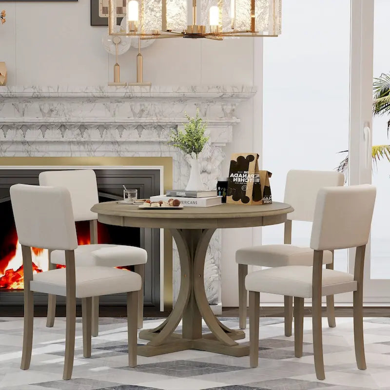 5-Piece Round Dining Table Set - 44" Pedestal Table, 4 Upholstered Chairs, Retro Farmhouse Style