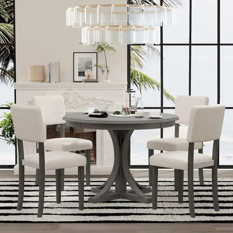 5-Piece Retro Round Dining Table Set Farmhouse Kitchen Dining Table Sets with Curved Trestle Table Legs for Dining Room