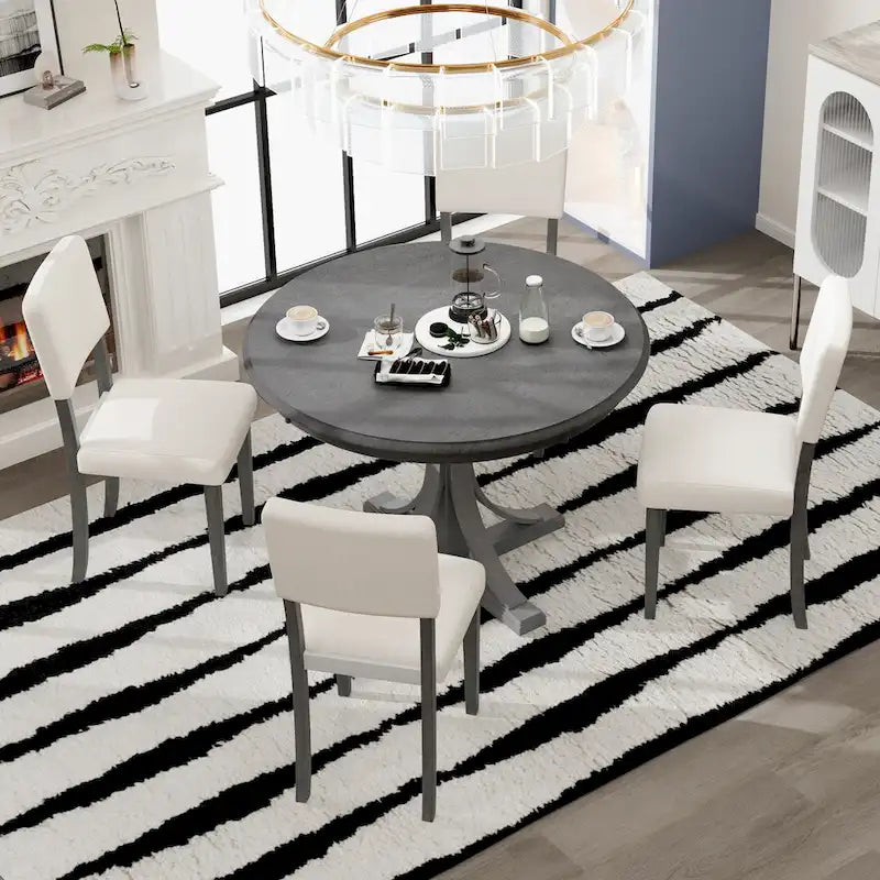 5-Piece Round Dining Table Set - 44" Pedestal Table, 4 Upholstered Chairs, Retro Farmhouse Style