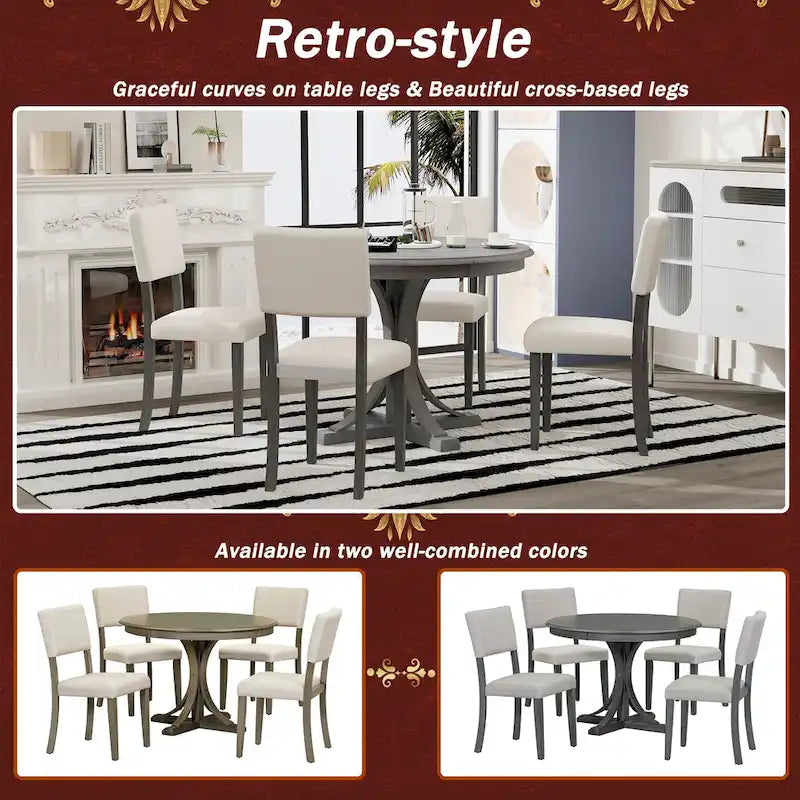 5-Piece Round Dining Table Set - 44" Pedestal Table, 4 Upholstered Chairs, Retro Farmhouse Style