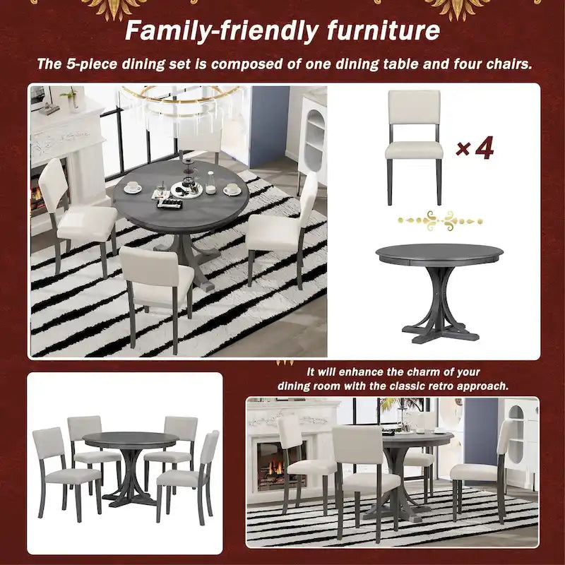 5-Piece Round Dining Table Set - 44" Pedestal Table, 4 Upholstered Chairs, Retro Farmhouse Style