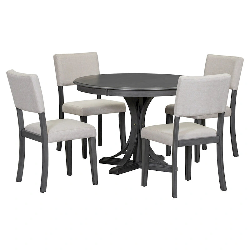 5-Piece Round Dining Table Set - 44" Pedestal Table, 4 Upholstered Chairs, Retro Farmhouse Style