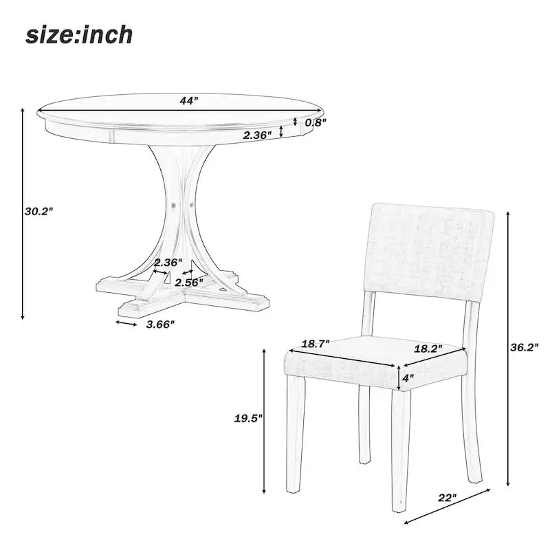 5-Piece Round Dining Table Set - 44" Pedestal Table, 4 Upholstered Chairs, Retro Farmhouse Style