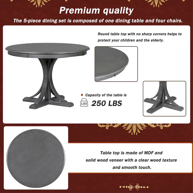 5-Piece Round Dining Table Set - 44" Pedestal Table, 4 Upholstered Chairs, Retro Farmhouse Style