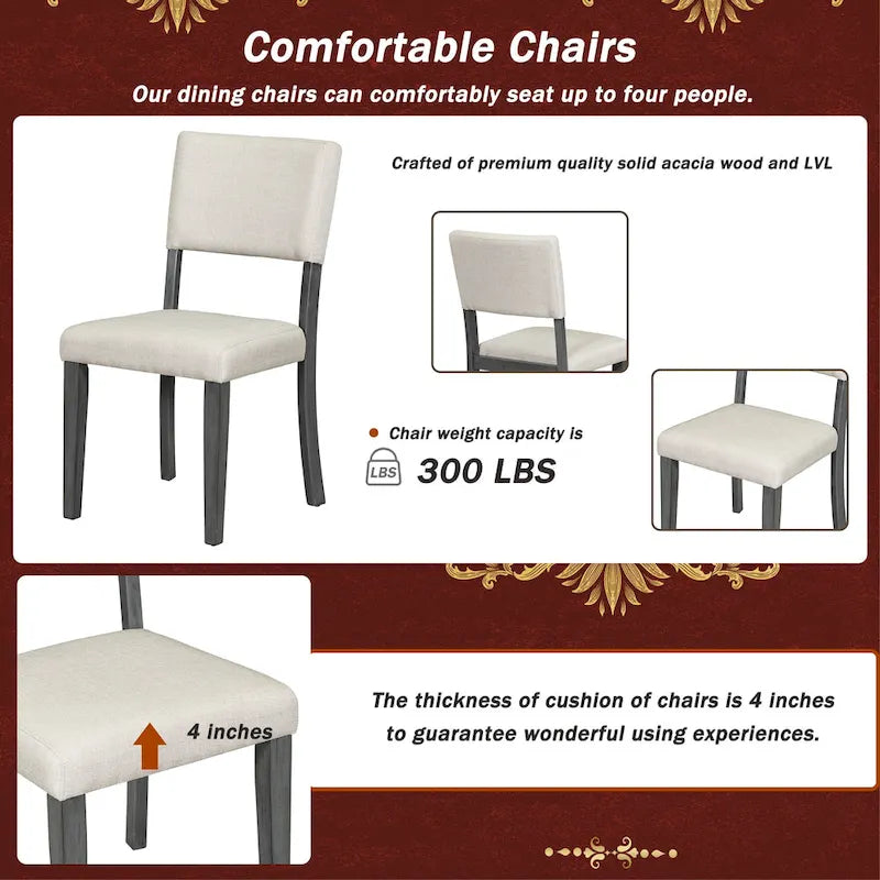 5-Piece Round Dining Table Set - 44" Pedestal Table, 4 Upholstered Chairs, Retro Farmhouse Style