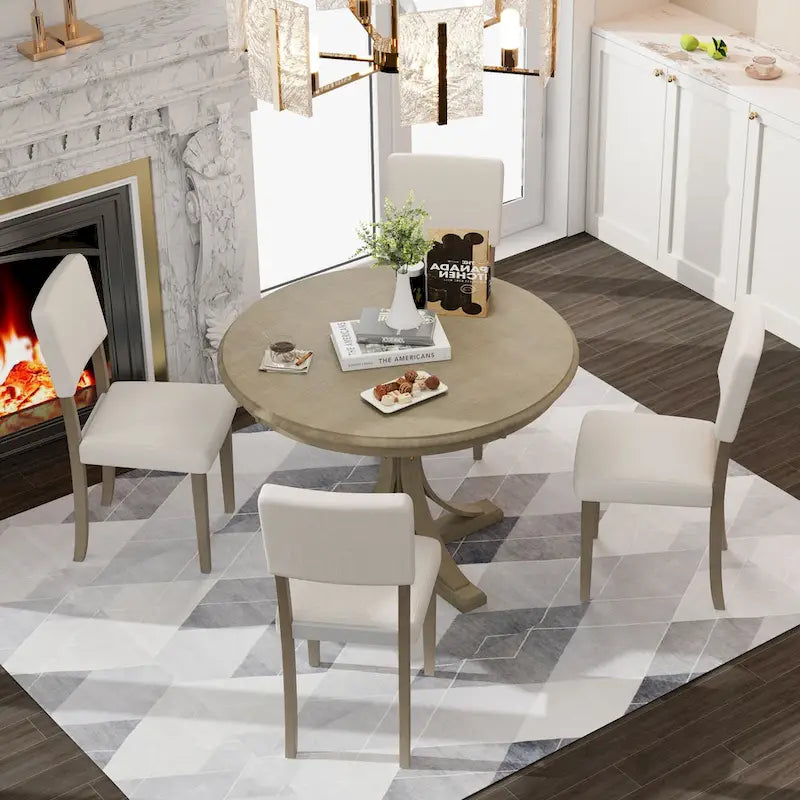 5-Piece Round Dining Table Set - 44" Pedestal Table, 4 Upholstered Chairs, Retro Farmhouse Style