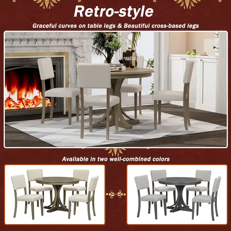 5-Piece Round Dining Table Set - 44" Pedestal Table, 4 Upholstered Chairs, Retro Farmhouse Style