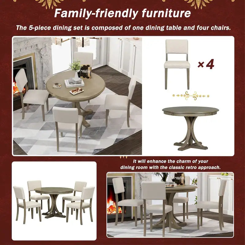 5-Piece Round Dining Table Set - 44" Pedestal Table, 4 Upholstered Chairs, Retro Farmhouse Style