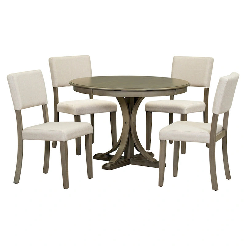 5-Piece Round Dining Table Set - 44" Pedestal Table, 4 Upholstered Chairs, Retro Farmhouse Style