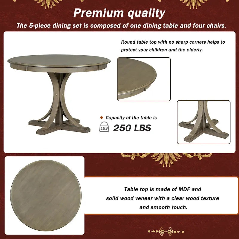 5-Piece Round Dining Table Set - 44" Pedestal Table, 4 Upholstered Chairs, Retro Farmhouse Style
