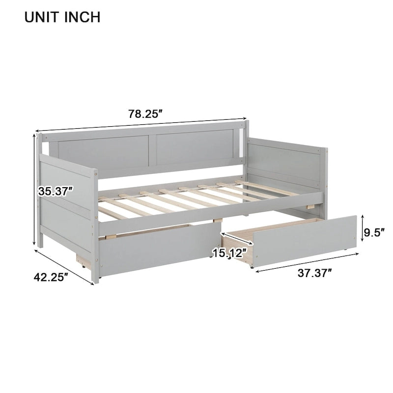 Twin Size Daybed with 2 Storage Drawers - Pine Wood Sofa Bed Frame, 250 lbs Capacity - Contemporary Minimalist Design