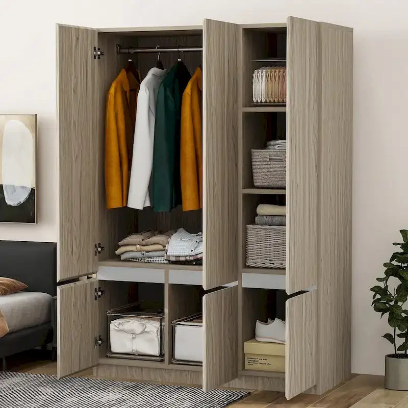 Door Wardrobe Closet - 47.2"W x 67.9"H, Hanging Rail, 7 Compartments, 33 lbs Capacity - Modern Bedroom Armoire
