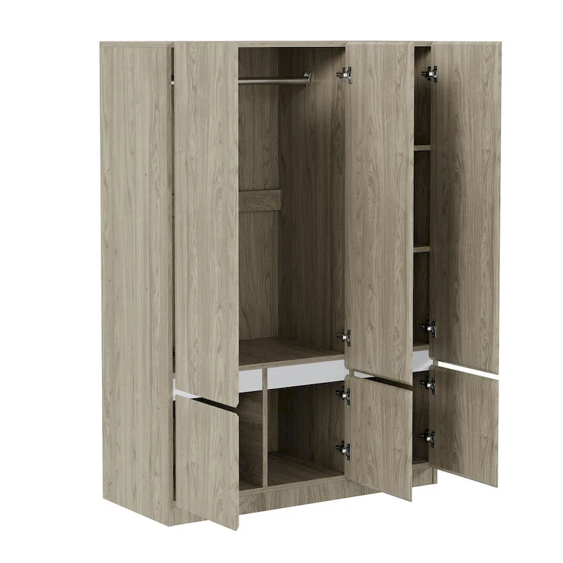 Door Wardrobe Closet - 47.2"W x 67.9"H, Hanging Rail, 7 Compartments, 33 lbs Capacity - Modern Bedroom Armoire