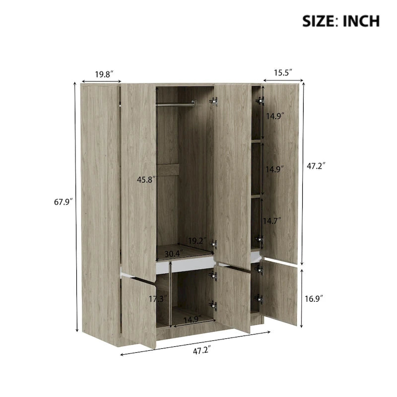 Door Wardrobe Closet - 47.2"W x 67.9"H, Hanging Rail, 7 Compartments, 33 lbs Capacity - Modern Bedroom Armoire