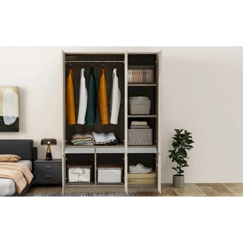 Door Wardrobe Closet - 47.2"W x 67.9"H, Hanging Rail, 7 Compartments, 33 lbs Capacity - Modern Bedroom Armoire