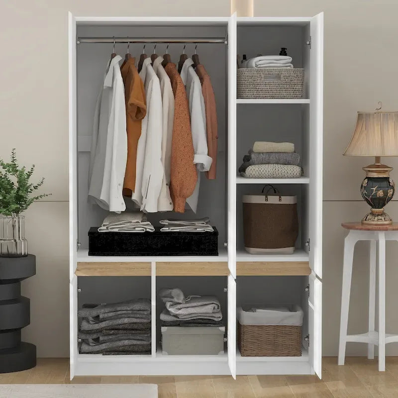 Door Wardrobe Closet - 47.2"W x 67.9"H, Hanging Rail, 7 Compartments, 33 lbs Capacity - Modern Bedroom Armoire