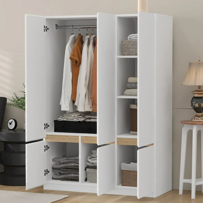 Door Wardrobe Closet - 47.2"W x 67.9"H, Hanging Rail, 7 Compartments, 33 lbs Capacity - Modern Bedroom Armoire