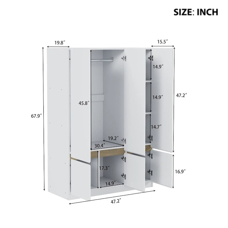 Door Wardrobe Closet - 47.2"W x 67.9"H, Hanging Rail, 7 Compartments, 33 lbs Capacity - Modern Bedroom Armoire