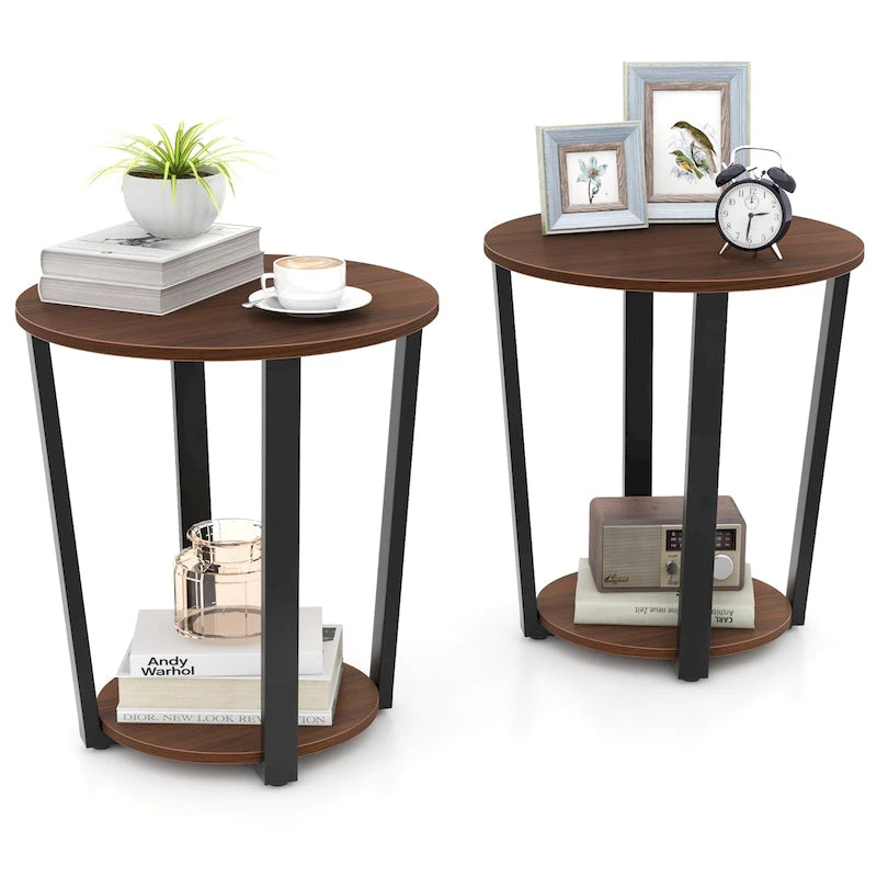 2-Tier Round End Table Set Industrial Side Table Nightstand Metal Frame Wood-Like Finish 19.5" Walnut