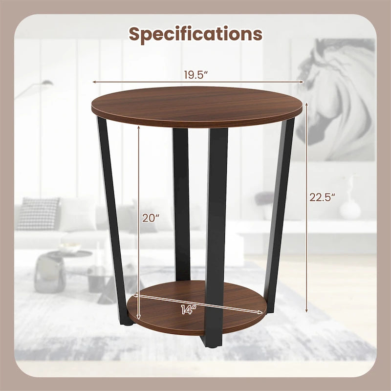 2-Tier Round End Table Set Industrial Side Table Nightstand Metal Frame Wood-Like Finish 19.5" Walnut