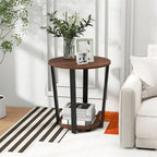 2-Tier Round End Table Set Industrial Side Table Nightstand Metal Frame Wood-Like Finish 19.5" Walnut