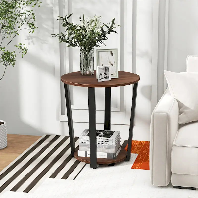 2-Tier Round End Table Set Industrial Side Table Nightstand Metal Frame Wood-Like Finish 19.5" Walnut