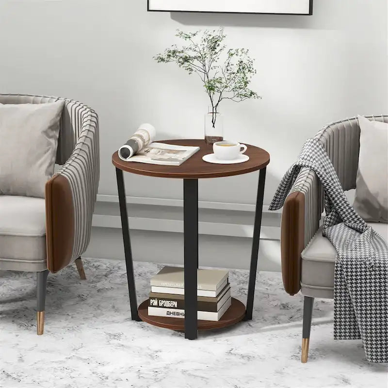 2-Tier Round End Table Set Industrial Side Table Nightstand Metal Frame Wood-Like Finish 19.5" Walnut