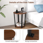 2-Tier Round End Table Set Industrial Side Table Nightstand Metal Frame Wood-Like Finish 19.5" Walnut