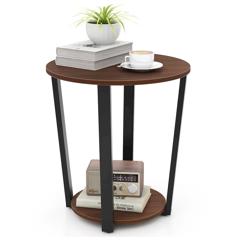 2-Tier Round End Table Set Industrial Side Table Nightstand Metal Frame Wood-Like Finish 19.5" Walnut