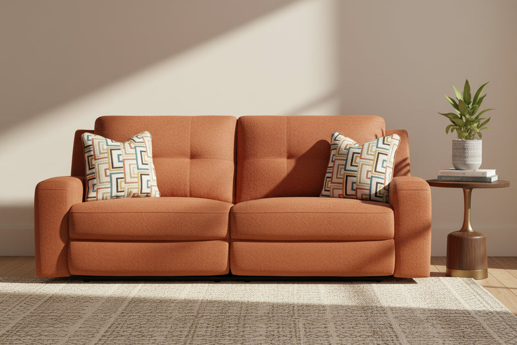 87" Manual Reclining Sofa - Spice Orange Polyester, Tufted Back, Zero Wall Design, 2 Pillows