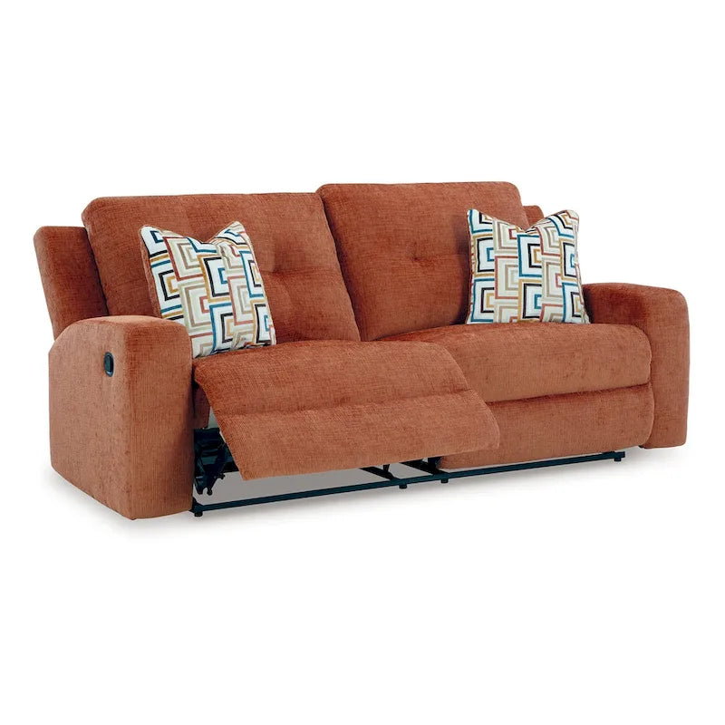 87" Manual Reclining Sofa - Spice Orange Polyester, Tufted Back, Zero Wall Design, 2 Pillows
