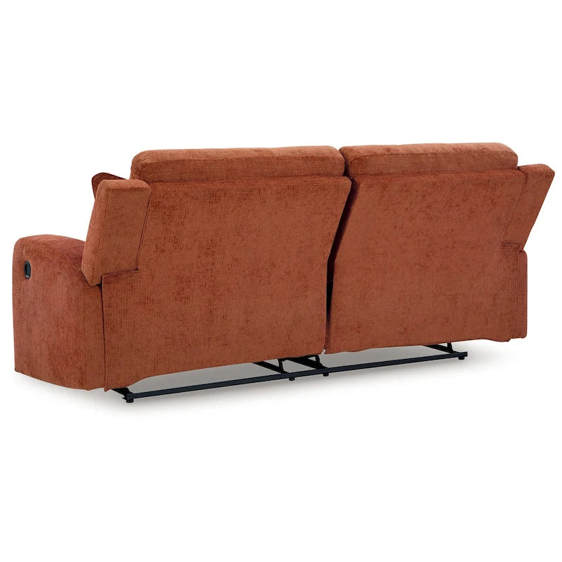 87" Manual Reclining Sofa - Spice Orange Polyester, Tufted Back, Zero Wall Design, 2 Pillows