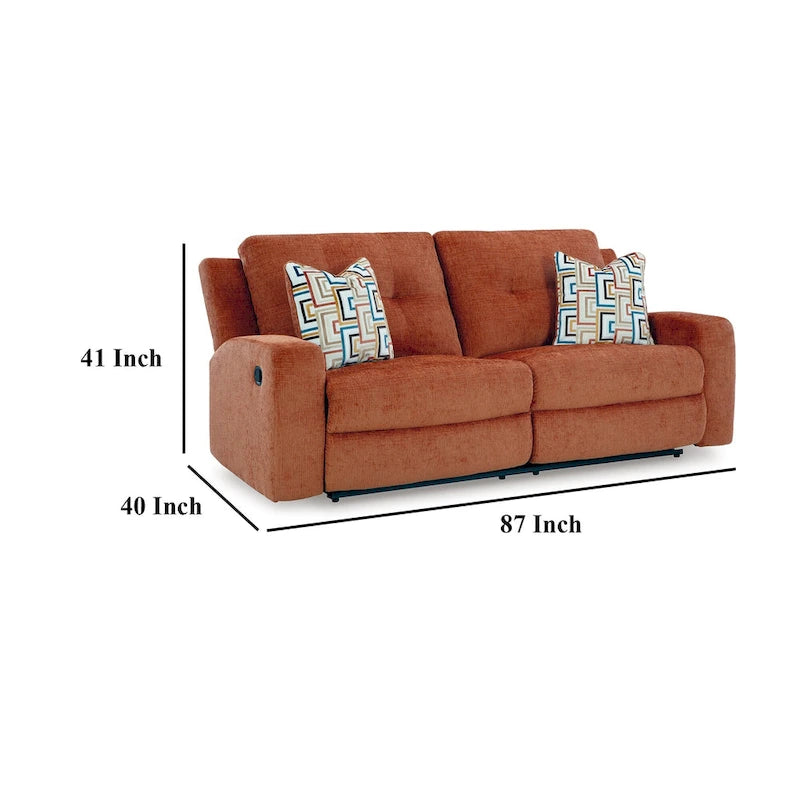 87" Manual Reclining Sofa - Spice Orange Polyester, Tufted Back, Zero Wall Design, 2 Pillows