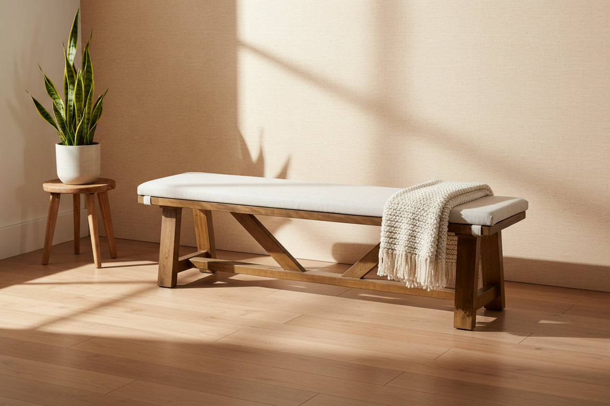 69" Dining Bench with Trestle Base - Solid Wood, Upholstered Seat, Brown & Off-White - Rustic Farmhouse Style