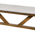 69" Dining Bench with Trestle Base - Solid Wood, Upholstered Seat, Brown & Off-White - Rustic Farmhouse Style