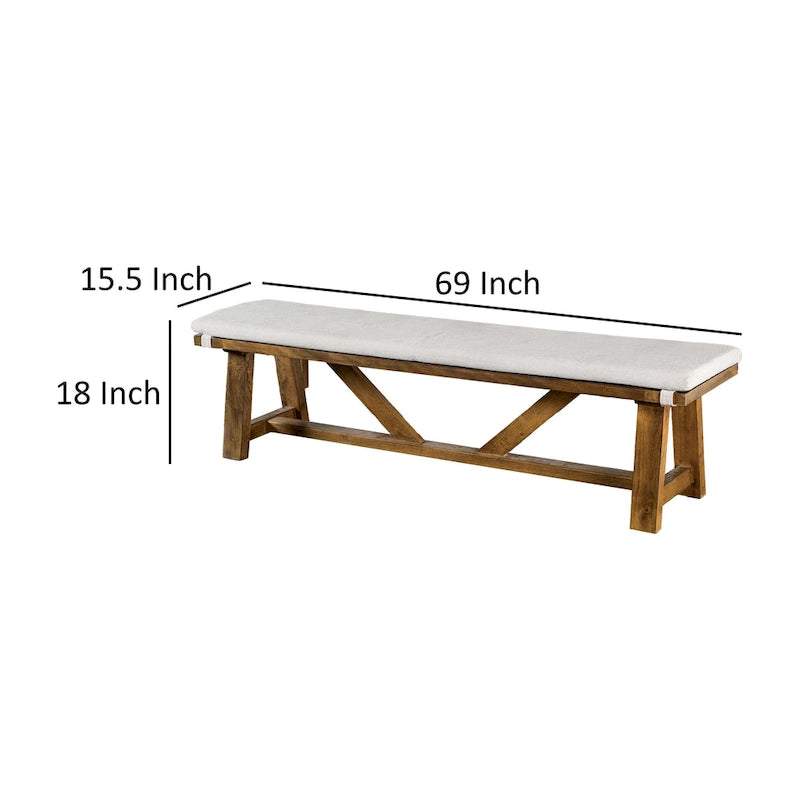 69" Dining Bench with Trestle Base - Solid Wood, Upholstered Seat, Brown & Off-White - Rustic Farmhouse Style