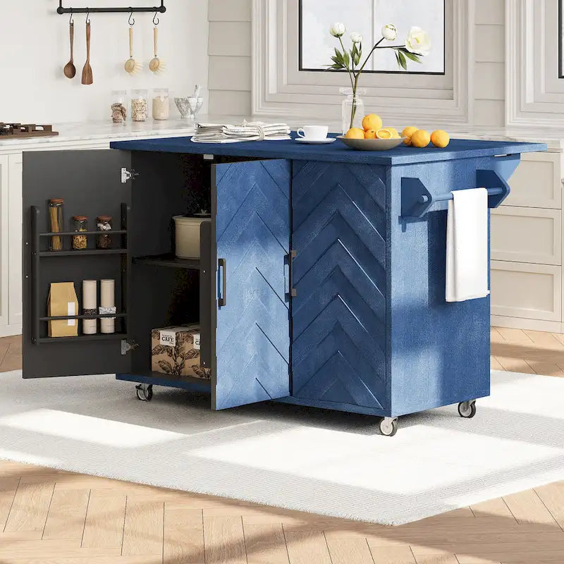 51" Farmhouse Kitchen Island on Wheels with Drop Leaf - Rolling Cart, Storage Rack, 400lbs Capacity - Ash Veneer Finish