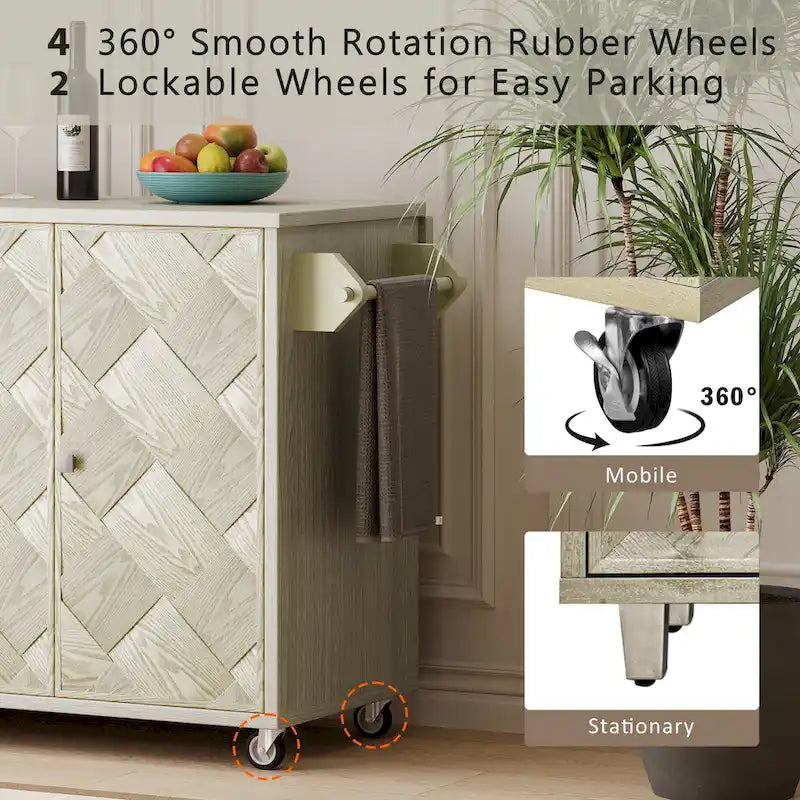 51" Farmhouse Kitchen Island on Wheels with Drop Leaf - Rolling Cart, Storage Rack, 400lbs Capacity - Ash Veneer Finish