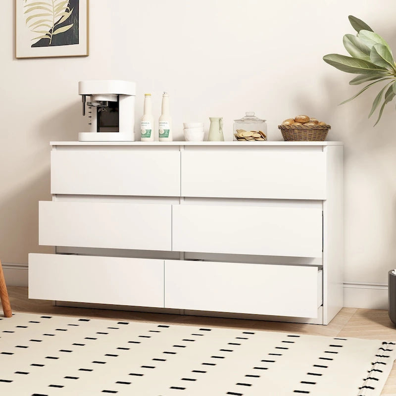 6-Drawer White Dresser Chest - Modern Storage Cabinet for Bedroom - 47.2"W x 28"H x 15.7"D - Minimalist Furniture