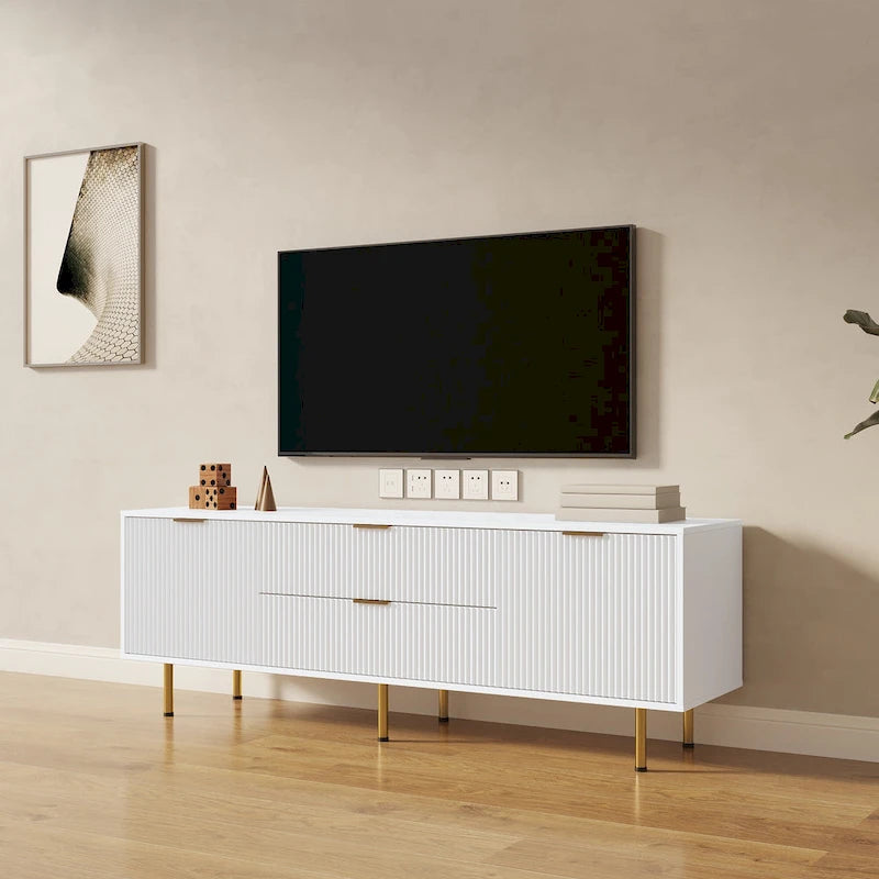Modern Warm White TV Stand with 2 Storage Cabinets and 2 Soft Close Drawers for Apartments and Living Rooms