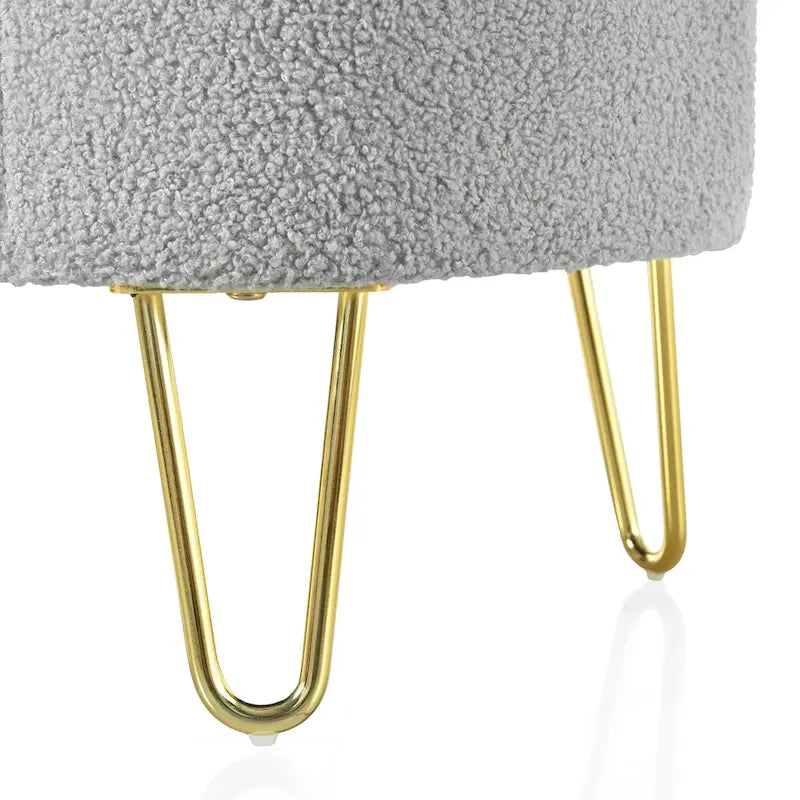 35" Oval Storage Ottoman Bench with Flip-Top Lid - Gold Metal Legs, 250 lbs Capacity, Gray/Off-White