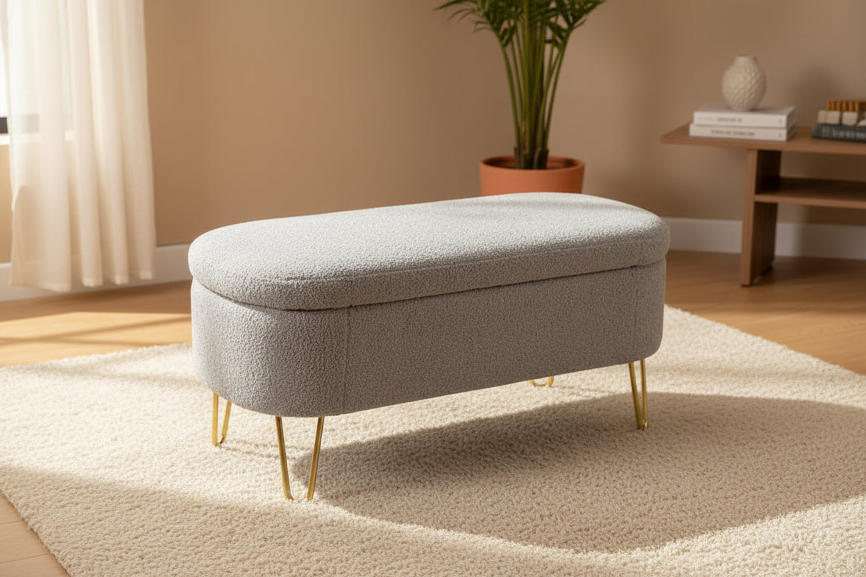 35" Oval Storage Ottoman Bench with Flip-Top Lid - Gold Metal Legs, 250 lbs Capacity, Gray/Off-White