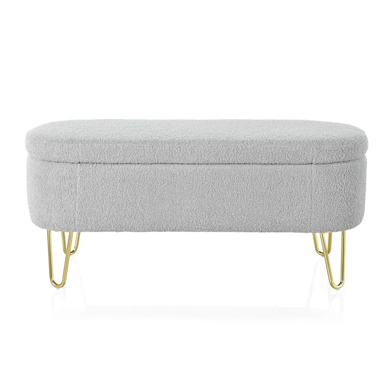35" Oval Storage Ottoman Bench with Flip-Top Lid - Gold Metal Legs, 250 lbs Capacity, Gray/Off-White