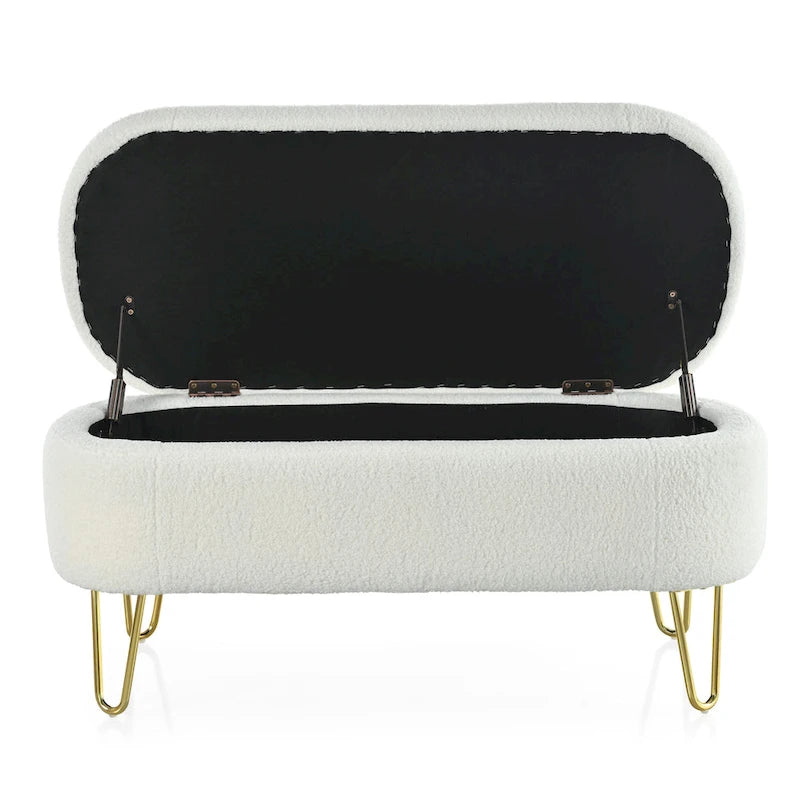 35" Oval Storage Ottoman Bench with Flip-Top Lid - Gold Metal Legs, 250 lbs Capacity, Gray/Off-White