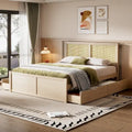 Platform Bed with 4 Storage Drawers & Rattan Headboard - Solid Pine Wood, No Box Spring Needed