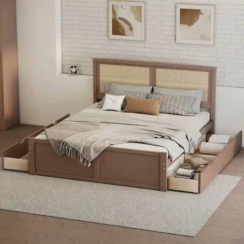 Platform Bed with 4 Storage Drawers & Rattan Headboard - Solid Pine Wood, No Box Spring Needed